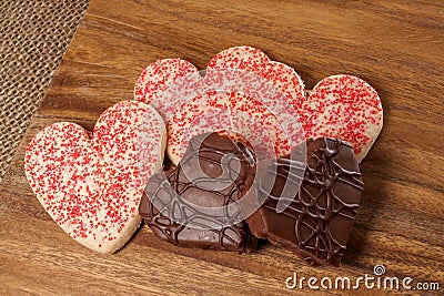 Heart shaped Valentine cookies,heart shaped chocolate candy Stock Photo