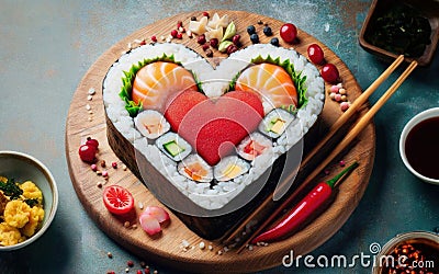 Heart shaped Valentine day sushi set. Classic sushi rolls, philadelphia, maki set for two, with two pairs of Stock Photo