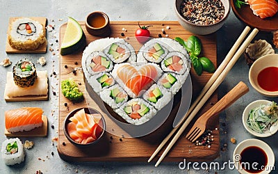 Heart shaped Valentine day sushi set. Classic sushi rolls, philadelphia, maki set for two, with two pairs of Stock Photo