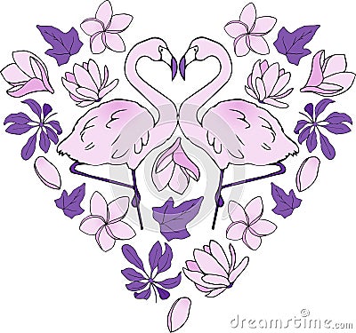 Heart-shaped Valentine with pink Flamingos and exotic flowers. The entire greeting card in pink and violet tones. Original Valenti Vector Illustration