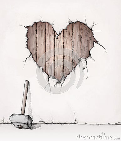 Heart-shaped wall opening with wooden boards Stock Photo