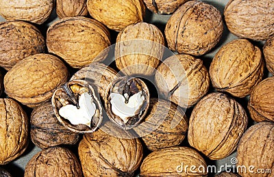 Heart-shaped walnut halves Stock Photo