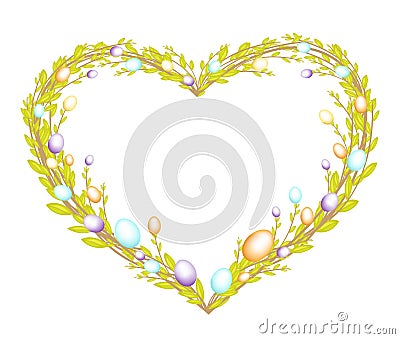 Heart shaped wreath made from young willow branches. Decorated with Easter painted eggs. The symbol of Easter. Vector illustration Cartoon Illustration