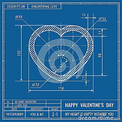 Heart sign as technical blueprint drawing. Valentines day technical concept. Mechanical engineering drawings. Valentines Vector Illustration