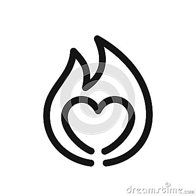 Heart sign on fire, symbol of passion, simple line style black icon Vector Illustration