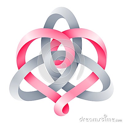 Heart sign intertwine with triquetra knot made of pink and silver mobius stripes. Symbol of harmonic eternal love Cartoon Illustration