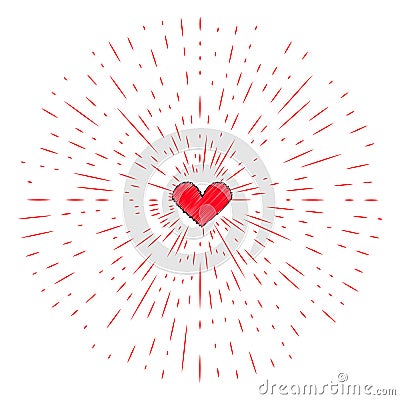 Heart sign in textured ragged rays. Hand drawn style. Vector Illustration