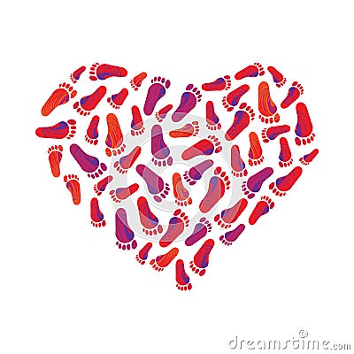 Heart silhouette with colorful human footprint trails. Vector Illustration