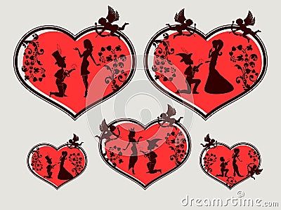 Heart with silhouettes of a boy and a girl , set Vector Illustration