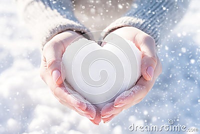 Heart of snow in hands in winter sunny day Stock Photo