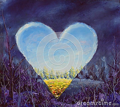 Heart, spring heart on canvas. Open heart. Knife art. Stock Photo