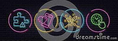 Heart, Startup concept and Puzzle minimal line icons. For web application, printing. Neon laser 3d lights. Vector Stock Photo