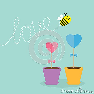 Heart stick flower in the pot and bee with dash line word love. Flat design. Vector Illustration