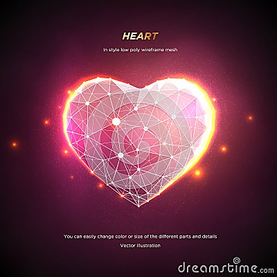 Heart in style Low poly wireframe mesh. Concept Love or technology. Plexus lines and points in the constellation. Vector Illustration