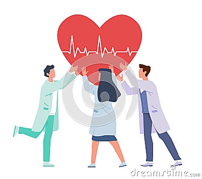 Heart Support. Doctors and nurses hold huge heart, cardiology team, professional aid and therapy, treatment in hospital Vector Illustration