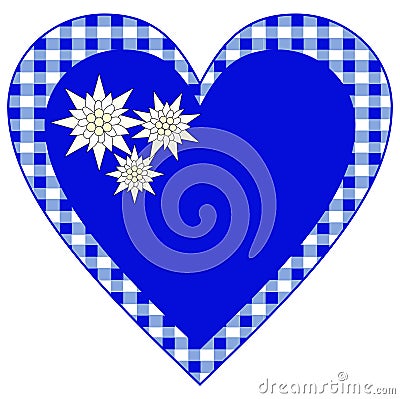 Heart Bavarian Style in blue and alpine pattern and 3 edelweiss Vector Illustration