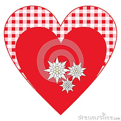 Heart Symbol Bavarian Style in red and alpine pattern and edelweiss Vector Illustration