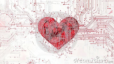 Heart symbol with circuit patterns on a white background, merging emotion and tech Stock Photo