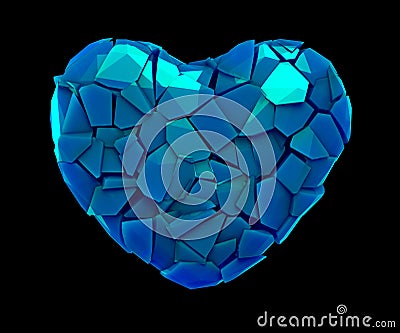 Heart symbol in a 3D illustration made of broken plastic blue color isolated on a black Cartoon Illustration
