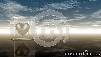 Heart symbol in glass cube under cloudy sky Stock Photo