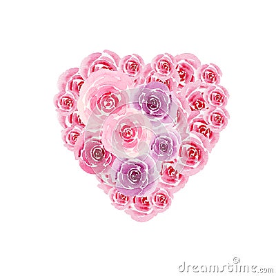 Heart symbol from watercolor flowers of roses isolated . Valentine`s Day card Stock Photo