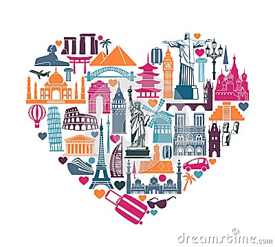 Heart of symbols Icons world tourist attractions and architectural landmarks Vector Illustration