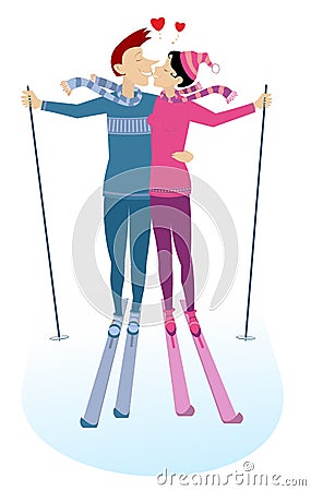 Heart symbols and kissing skier man and skier woman illustration Vector Illustration