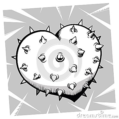 Heart with thorns, can represent a bitter heart, which defends itself, or a bad and evil heart, Art line Vector Illustration