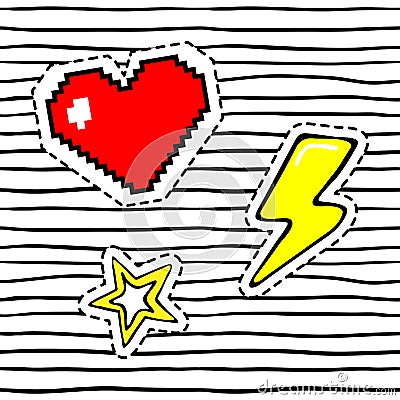 Heart, thunderbolt, star. Retro sticker patch set. Vector Illustration