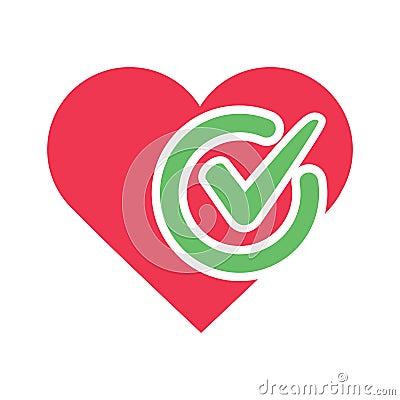Heart tick icon vector illustration, flat cartoon healthy heart with checkmark symbol, idea of confirmed Vector Illustration