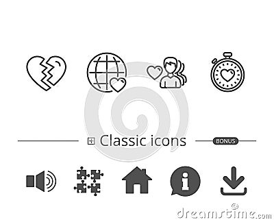Heart timer, Divorce and Love dating icons. Vector Illustration