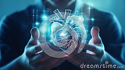 Heart transplant 3d organ hologram held by ai generated close-up image Stock Photo