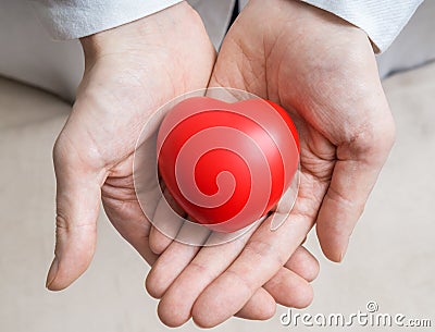 Heart transplantation concept. Doctor holds red heart in hands Stock Photo