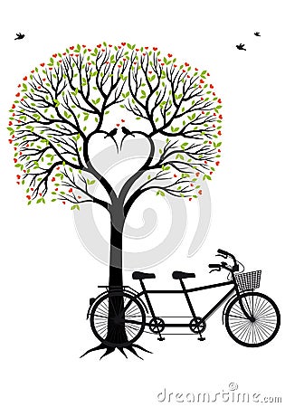 Heart tree with birds and bicycle, vector Vector Illustration