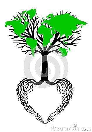 Heart tree with green world map, vector Vector Illustration