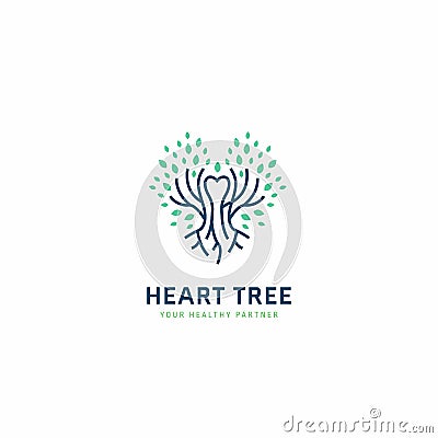 Heart tree health care logo with tree roots branch and leaf in heart shape icon symbol illustration Vector Illustration