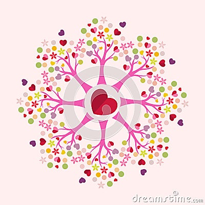 Heart Tree radial pattern with hearts and colourful dots and flowers as leaves Stock Photo