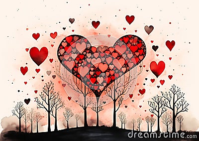 Heart Tree: A Radiant Connection of Love and Kindness in a Carto Stock Photo