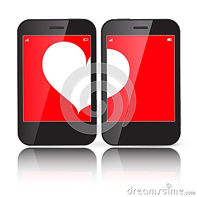 Heart on Two Cell Phones Displays Vector Illustration