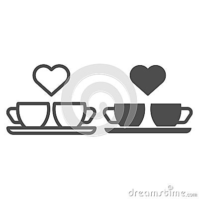 Heart and two coffee cups line and glyph icon. Two mugs and heart vector illustration isolated on white. Romantik drink Vector Illustration