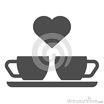 Heart and two coffee cups solid icon. Two mugs and heart vector illustration isolated on white. Romantik drink glyph Vector Illustration