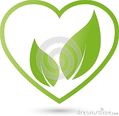 Heart and two leaves, nature and vegan logo Stock Photo