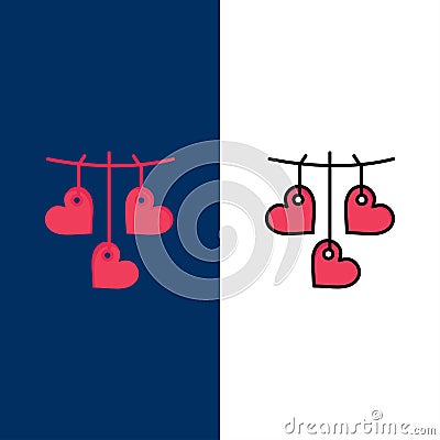 Heart, Valentine, Love, Hanging Icons. Flat and Line Filled Icon Set Vector Blue Background Vector Illustration