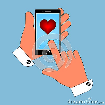 Heart valentine on the phone in his hand. Isolate illustration on a blue background. Vector Illustration