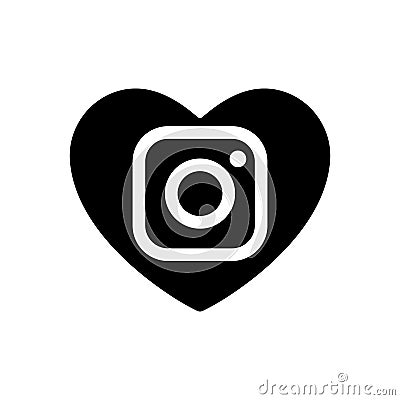 Heart vector black icon dedicated to social Instagram network. Media sign isolated camera lens, love symbol. Valentines day flat Vector Illustration