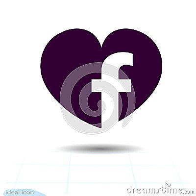 Heart vector black icon, Love symbol. Social Facebook network icon in heart. Valentines day sign, emblem, Flat style for graphic a Vector Illustration