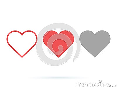 Heart vector collection. Love symbol icon set. Like buttons active and done. UI Ux design elements for website design. Vector Illustration