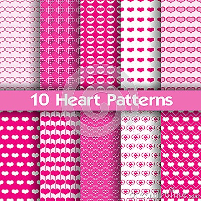 10 Heart vector seamless patterns. Pink and white colors Vector Illustration