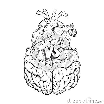 Heart vs brain. Concept of mind against love fight, difficult choice. Hand drawn black and white vector illustration. Vector Illustration