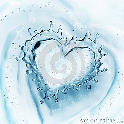 Heart from water splash with bubbles on blue water background Stock Photo